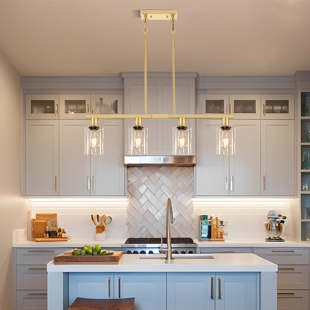 4-Light Kitchen Island Lighting  Gold Dining Room Light Fixtures Over Table  Island Lights With Glass Shade  Farmhouse Pendant Lights Kitchen Chandelier For Restaurant Bar  Height Adjustable