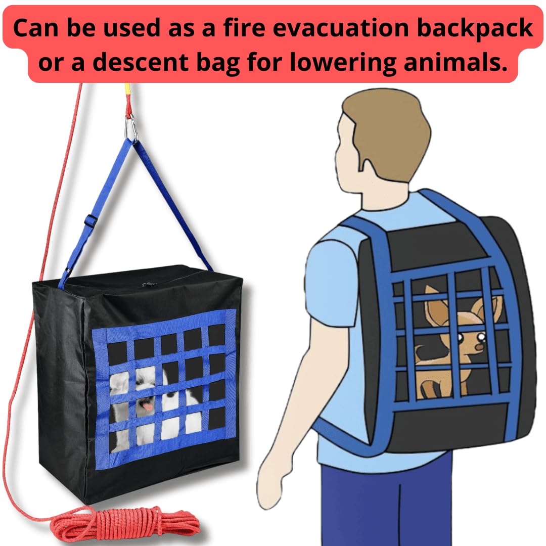 ISOP Fire Evacuation Device for Pets up to 55 Pounds - Compact Safety Equipment - Rope 50 Feet Incl. - Emergency Survival Kit for Animals (Medium 19"x18"x10") Pet Rescue Bag for Dogs & Cats