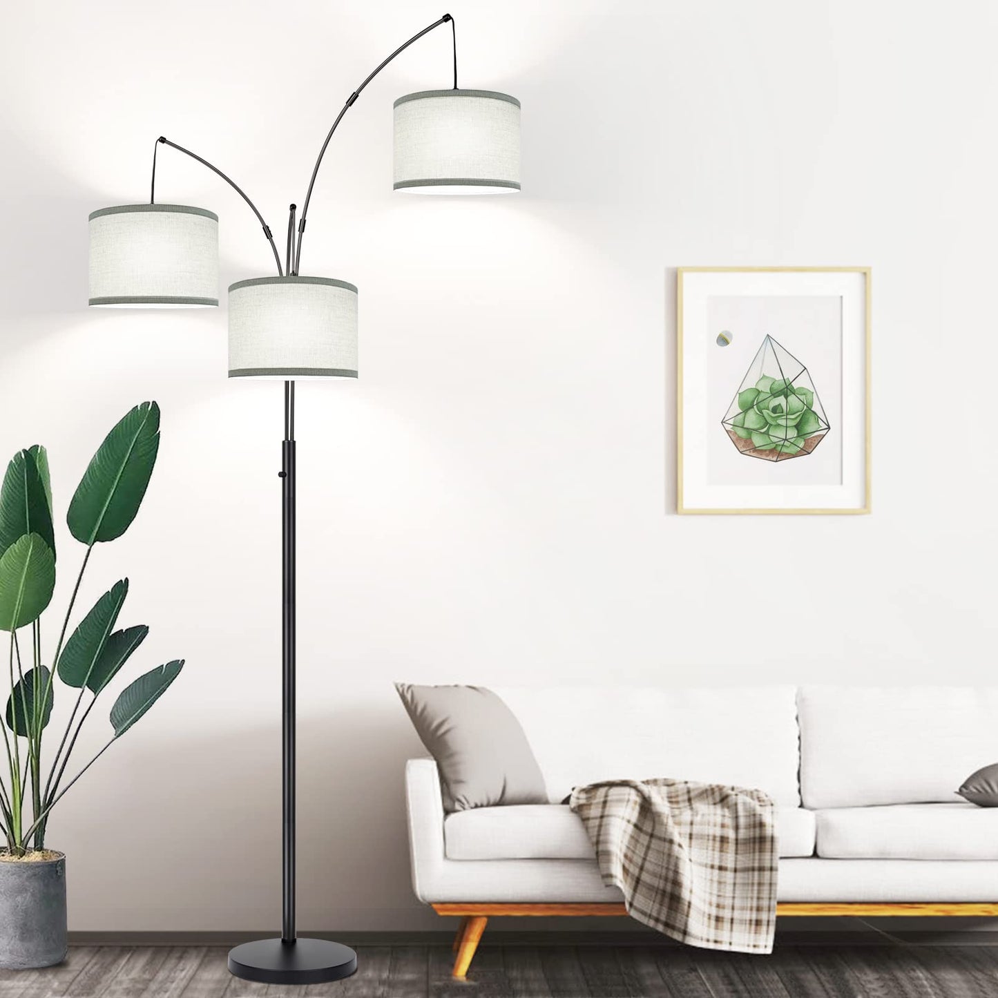 Nintiue Dimmable Floor Lamp - 3 Lights Arc Design, Metal, Matte Black with Gray Linen Shades, Model F1378