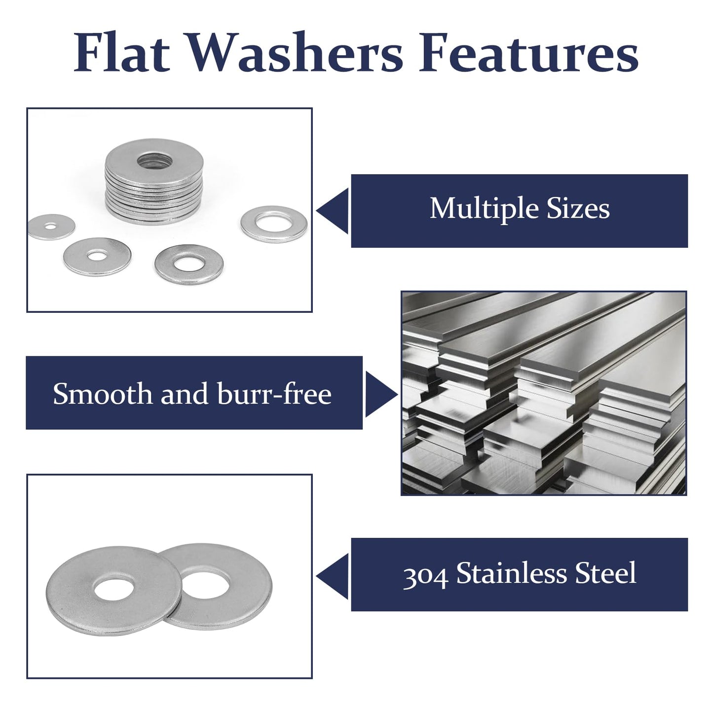 ZQZ 290Pcs Flat Washers, 304 Stainless Steel Fender Washers Assortment, 15 Different Sizes Wide Washer M3 M4 M5 M6 M8 M10 M12 Assorted Flatwashers Kit