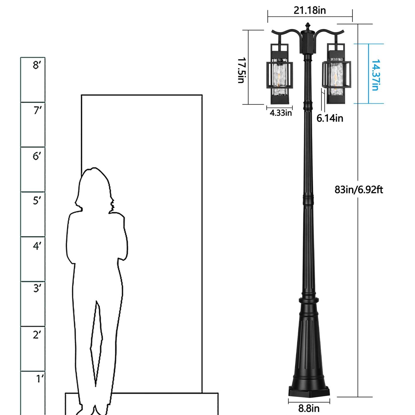 Partphoner Modern Outdoor Lamp Post Light 2-Head  Hardwired Street Light Post For Outside Metal Pole Light Outdoor Lighting With Water Glass Shade For Garden Patio Backyard Walkway Driveway