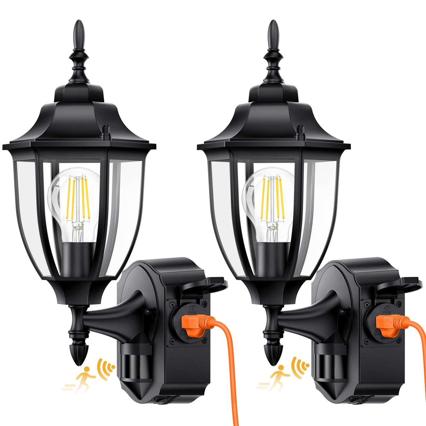 Lamomo Porch Lights Outdoor with Outlet, Motion Sensor, Waterproof Aluminum, 2 Pack, Black
