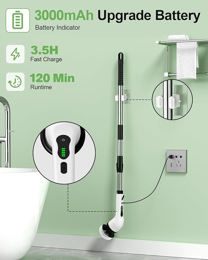 Electric Spin Scrubber, Cordless Cleaning Brush, Shower Scrubber with 9 Floor Machine Pads, 2H Power Dual Speed, Adjustable Extension Handle, IPX7 Waterproof for Floor Carpet Tub Tile Car, O-White.