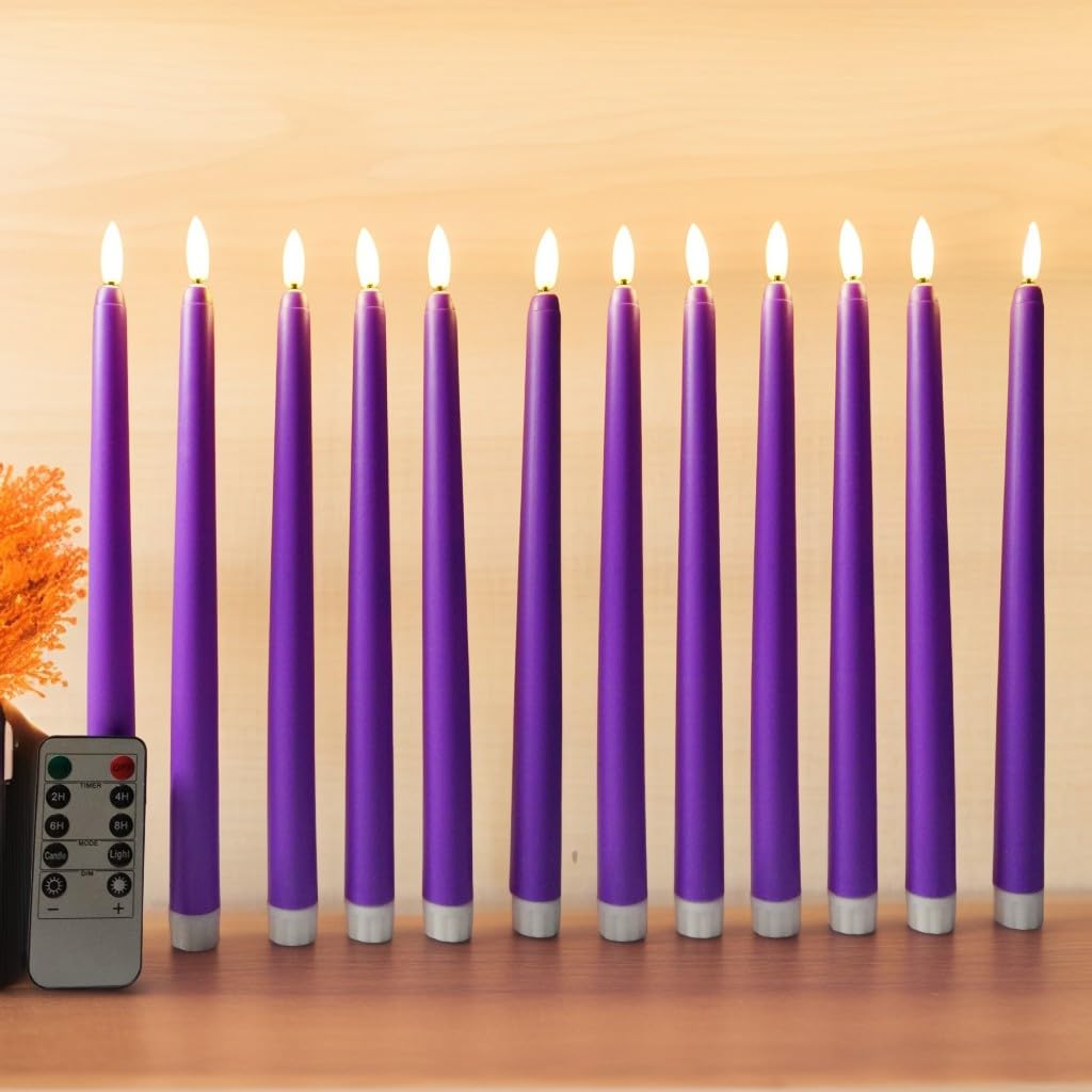 Ni-JASW Purple Flameless Taper Candles with Remote, Flickering Christmas LED Candlesticks Battery Powered Set of 12