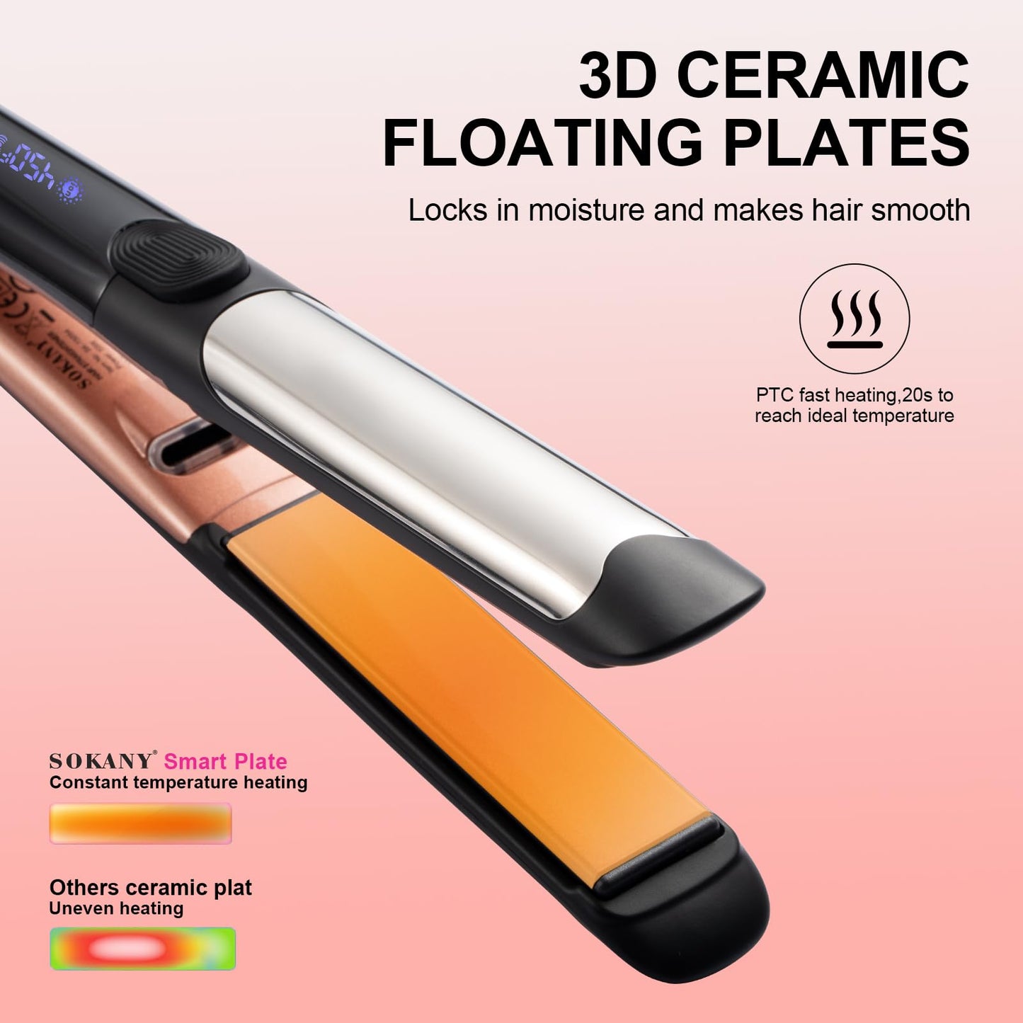 SOKANY Hair Straightener 1 Inch Ionic Flat Iron and Curler 2 in 1 | Dual Voltage Smart 3D Ceramic Floating Plates Straightener,8