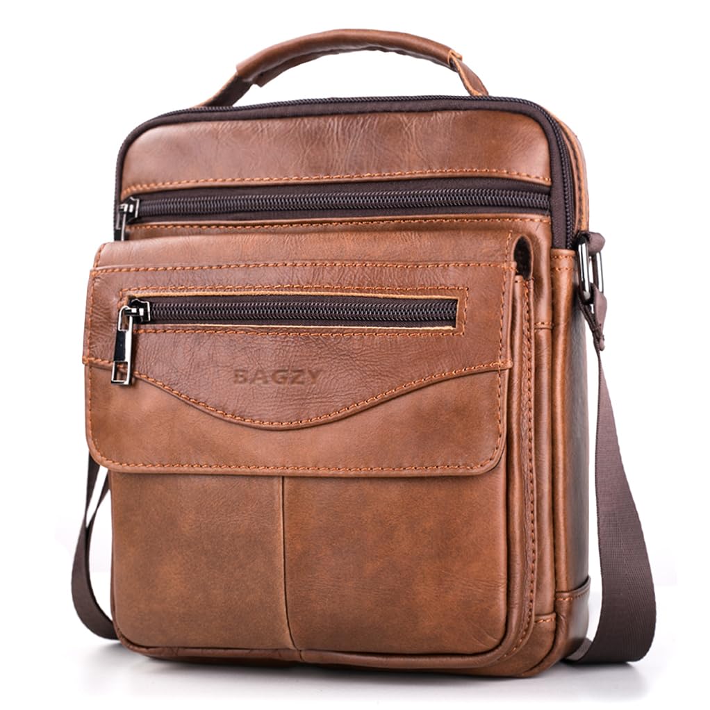 BAGZY Leather Messenger Bag for Men Shoulder Bag for Mens Handbag Crossbody Bag Large Sling Bags for 11 inch IPad Travel Business with Adjustable Shoulder Strap Brown