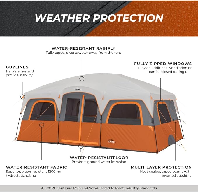 CORE Tent for Family Camping | 10 Person / 11 Person / 12 Person Large Multi Room Cabin Tents for Car Camping & Outdoor Adventures