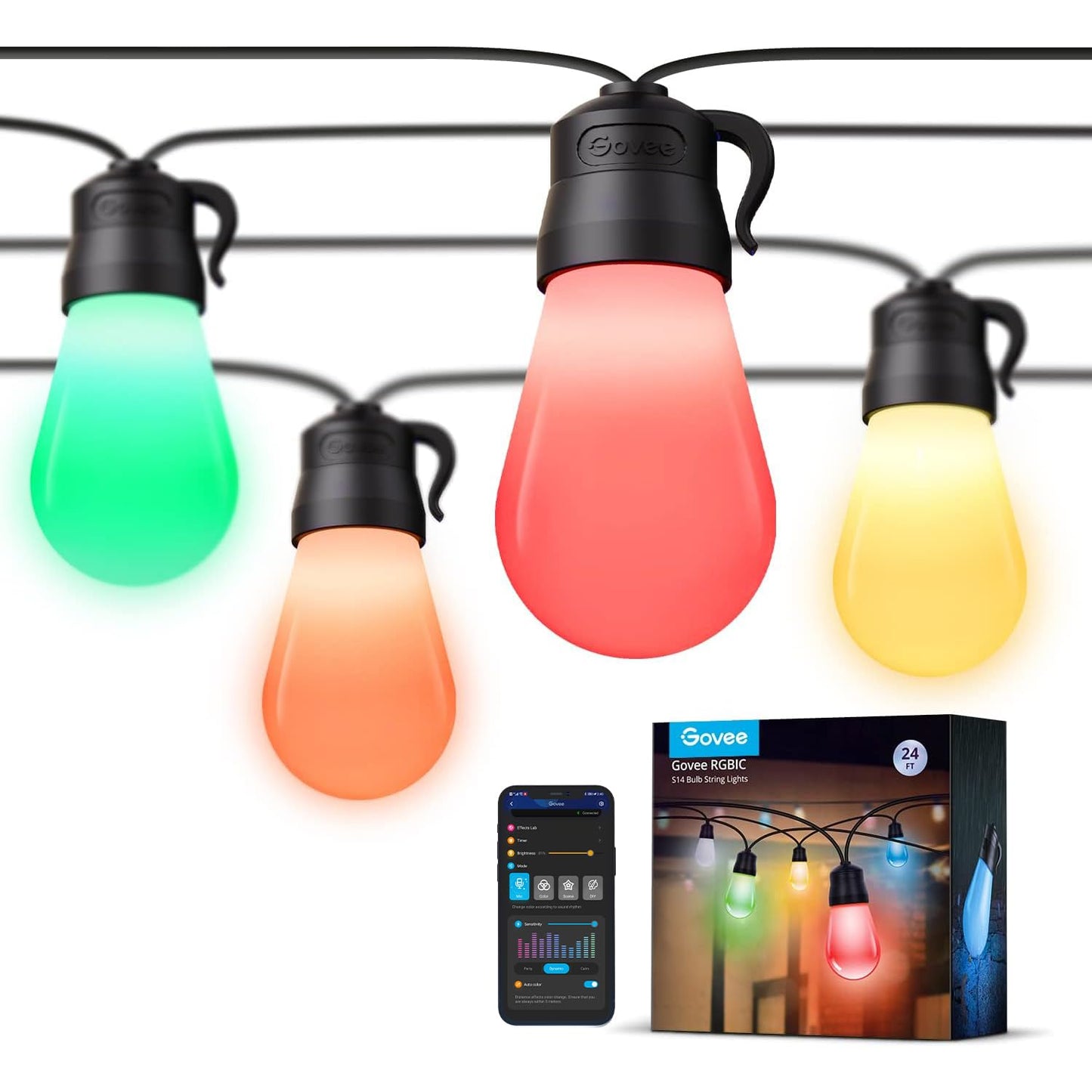 Govee Smart Outdoor String Lights H7029, 24ft RGBIC, IP65 Waterproof, Multicolor, 8 Dimmable LED Bulbs, App Control