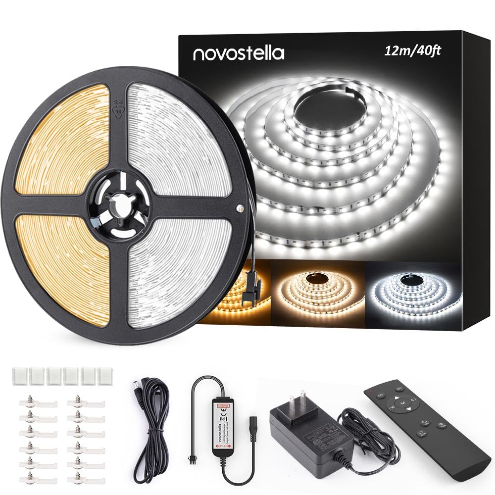 Novostella 40Ft Tunable White Led Strip Light - 1344 Leds, Dimmable, 24V, Flexible, Warm White & Daylight White, Non-Waterproof
