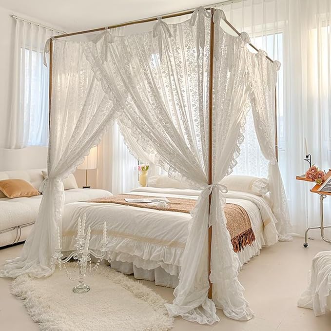 Elegant Princess 4 Corner Post Mosquito Net Romantic for Girls Women Bed Curtain Canopy for Adult Wedding Bedroom Kids Rooms Decoration (Type2-White-Flower, California King)