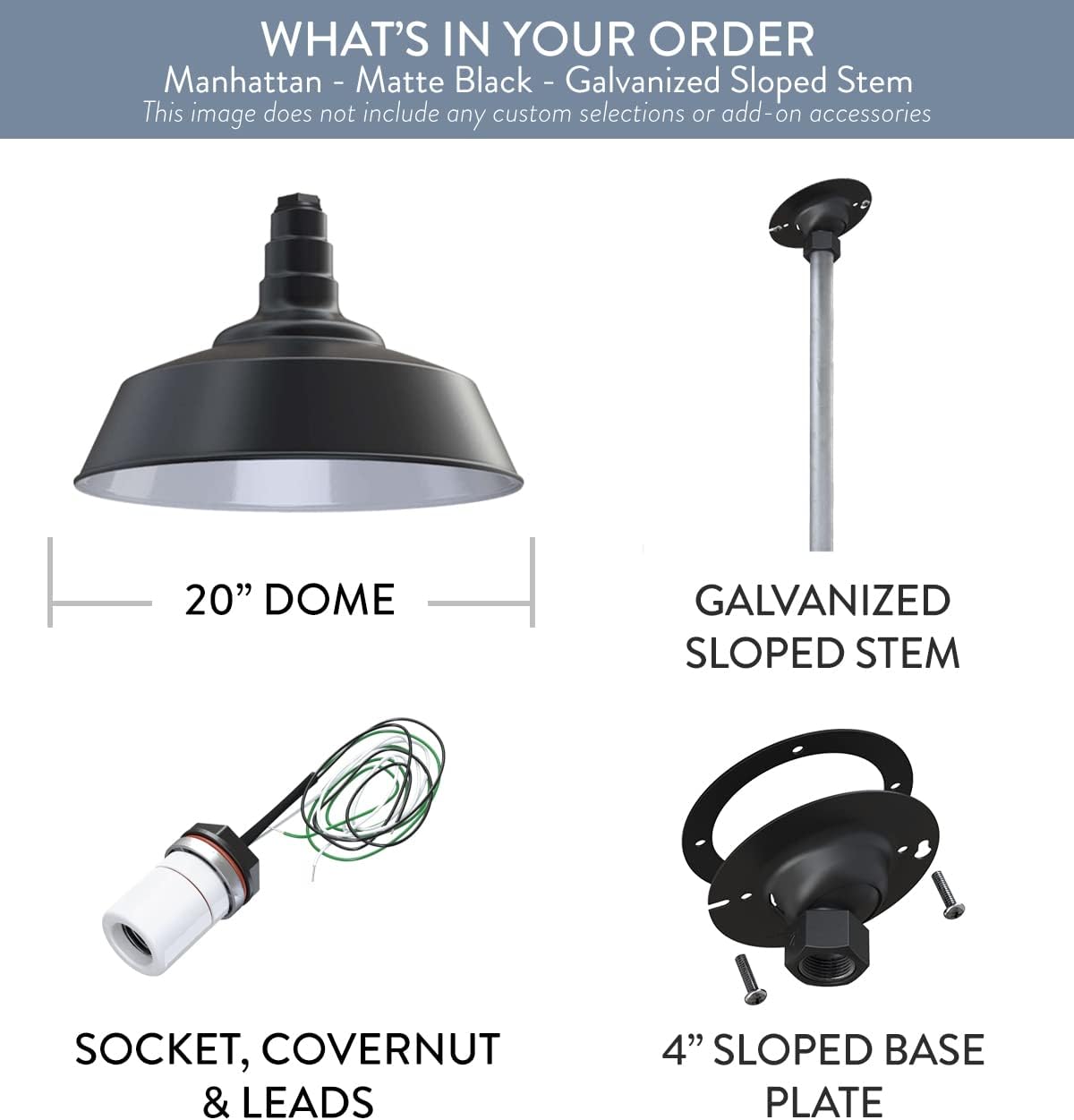 Steel Lighting Co. Manhattan Warehouse Light | Ceiling Mounted Pendant | 20 inch Dome | 12 inch Sloped Stem | Large Steel Barn Light Made in America | Matte Black Exterior/White Interior