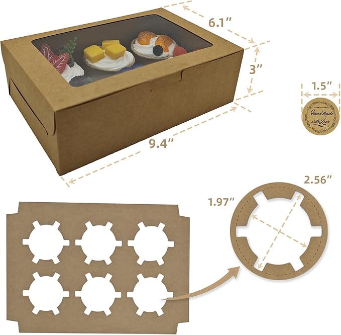 Cupcake Boxes 6 Count, Disposable Cupcake Containers, Food Grade Carrier with Window and Inserts for Cupcakes Muffins Cookies Pastries Donuts (Kraft Brown, 3 Pack)