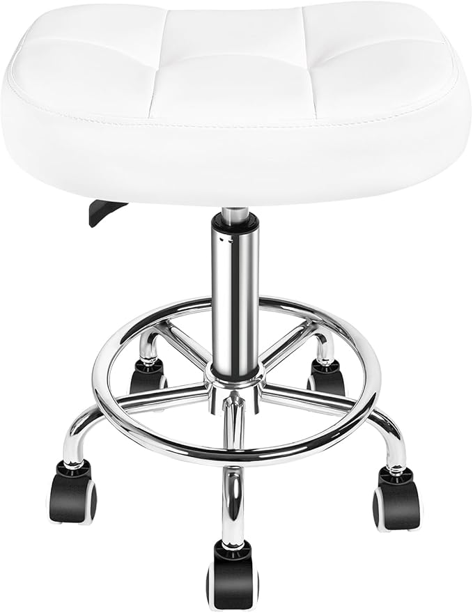 Rolling Stool Wider Rectangular Cushion-Provides a Comfortable, Stable Support Surface with Loop Footrest for Leg Support,Adjustable Stool with Wheels for Salon Tattoo Massage Office Home (White)