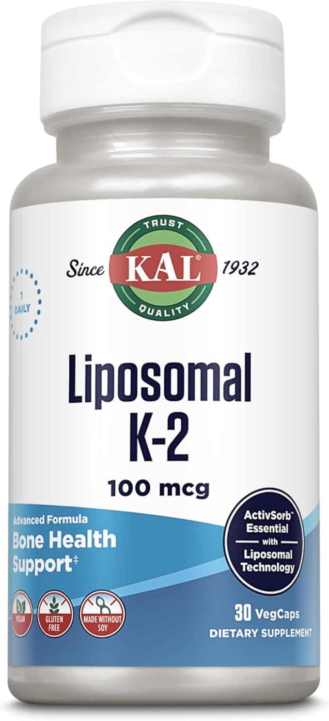 KAL Liposomal Vitamin K2 Supplement with MK7 100 mcg, High Absorption, Liposomal Technology, Advanced Bone Support, Vegan Capsules, Gluten Free, Made Without Soy, 30 Servings