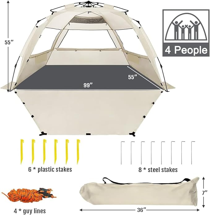 WhiteFang Deluxe Pop Up Beach Tent Sun Shade Shelter for 3-4/5-6 Person, UV Protection, Extendable Floor with 3 Ventilating Windows Plus Carrying Bag, Stakes, and Guy Lines
