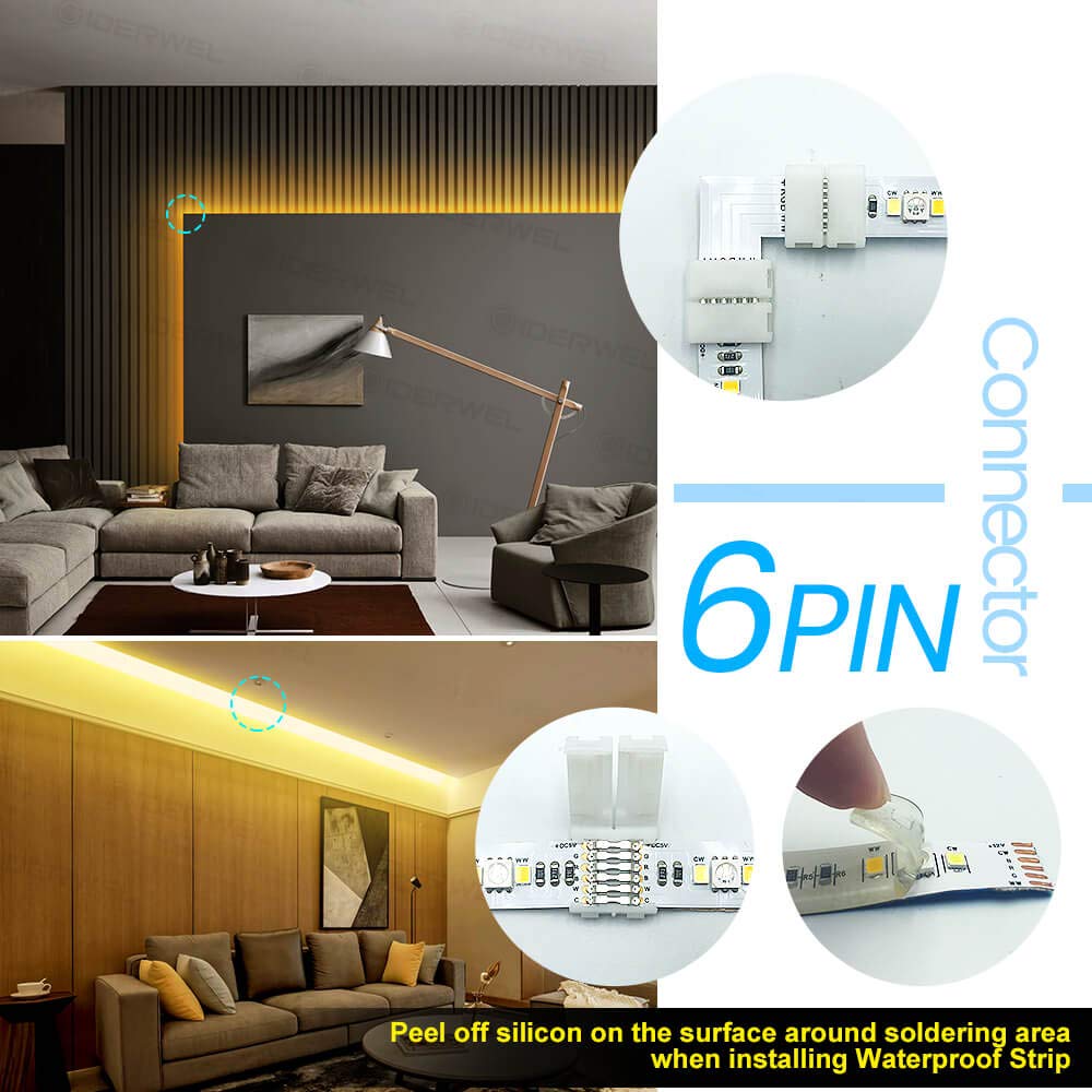 GIDERWEL RGBWW 6 Pins LED Strip Connectors, L Shape, 6 Pack, Solderless Right Angle for LED Lightstrip Plus V3/RGBCCT