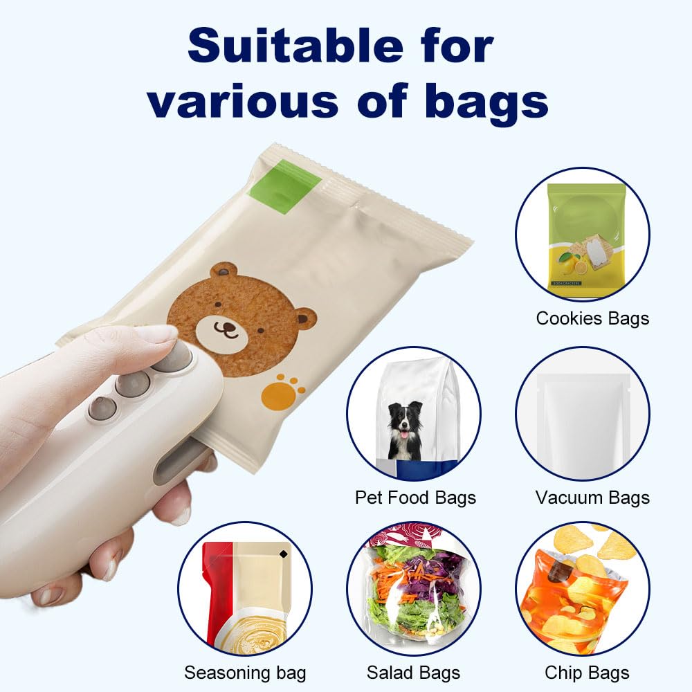 Mini Bag Sealer, 2025 Upgraded 2 in 1 Sealer with Cutter and Magnet, USB Rechargeable Chip Bag Heat Seal, Portable Handheld Resealer Machine for Plastic Bags Snack Bags Food Storage (2, White)