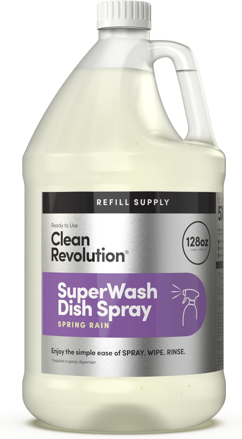 Clean Revolution Dish Spray, Refill Supply, Powerful Formula Cuts Through Grease, Spring Rain, 128 Fl Oz