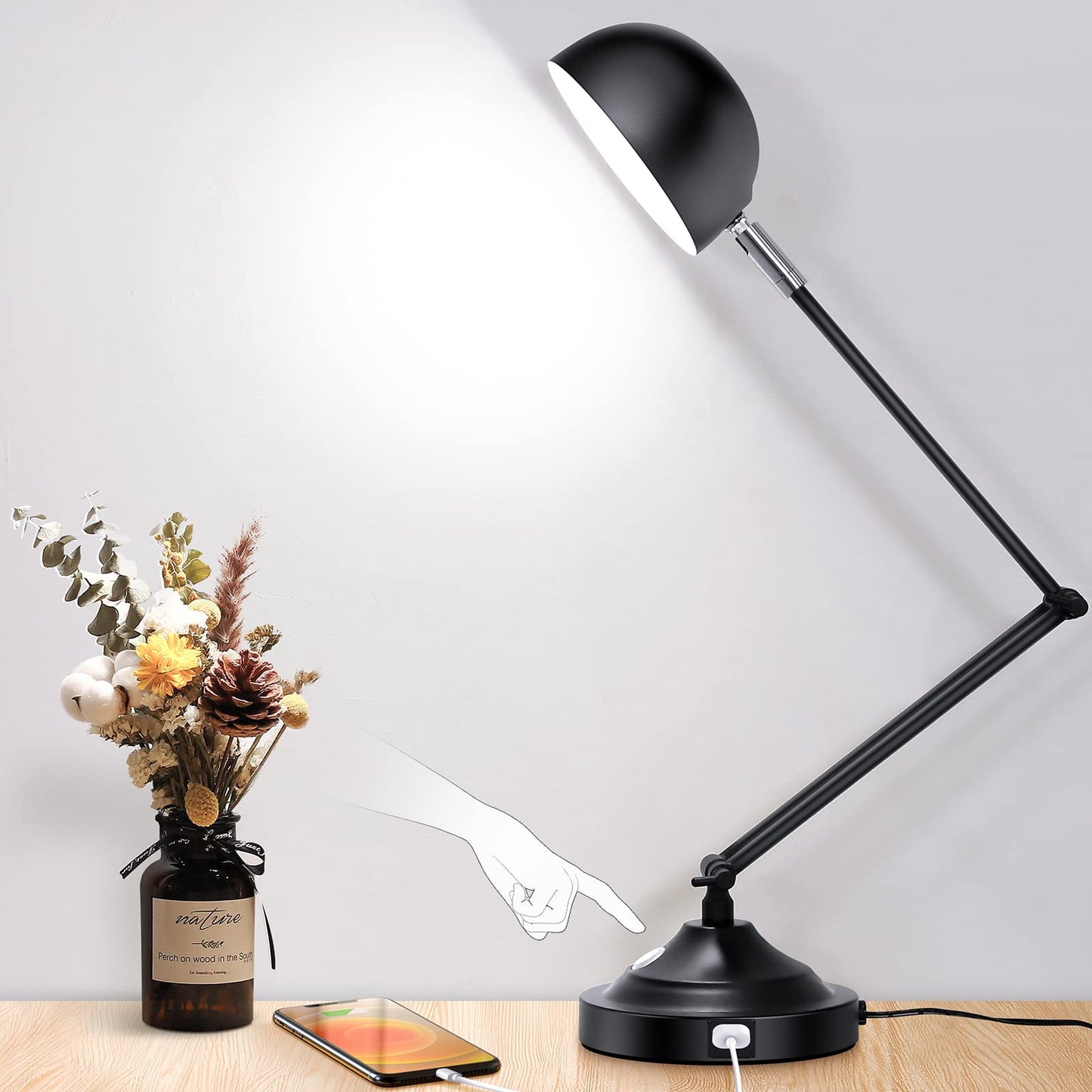 TOBUSA Touch Control LED Desk Lamp, Adjustable Swing Arm, Dimmable, 3000K/4000K/5000K, Black, Model T0345 BK