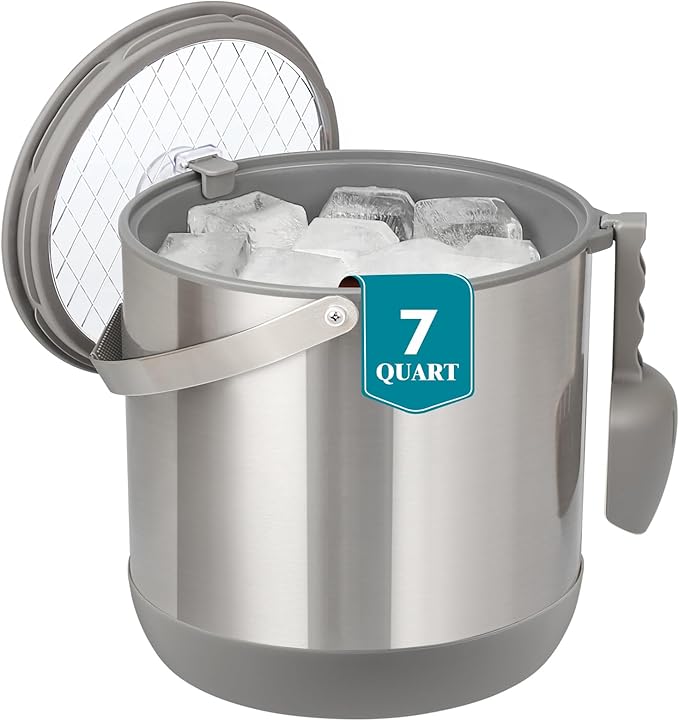6.8L/7QT Insulated Ice Bucket with Lid & Scoop,Double-Wall Ice Bucket for Parties,Cocktail Bar(Grey)