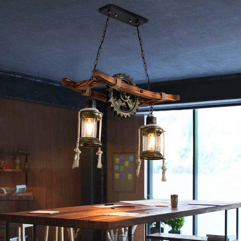 Wood Retro Pendant Lighting Industrial Vintage Chandelier Black Metal Bedroom Restaurant Suspension Lamp Cage Frame with Glass Shade House Loft Bar Coffee Decoration Ceiling Lights Fitting, E2