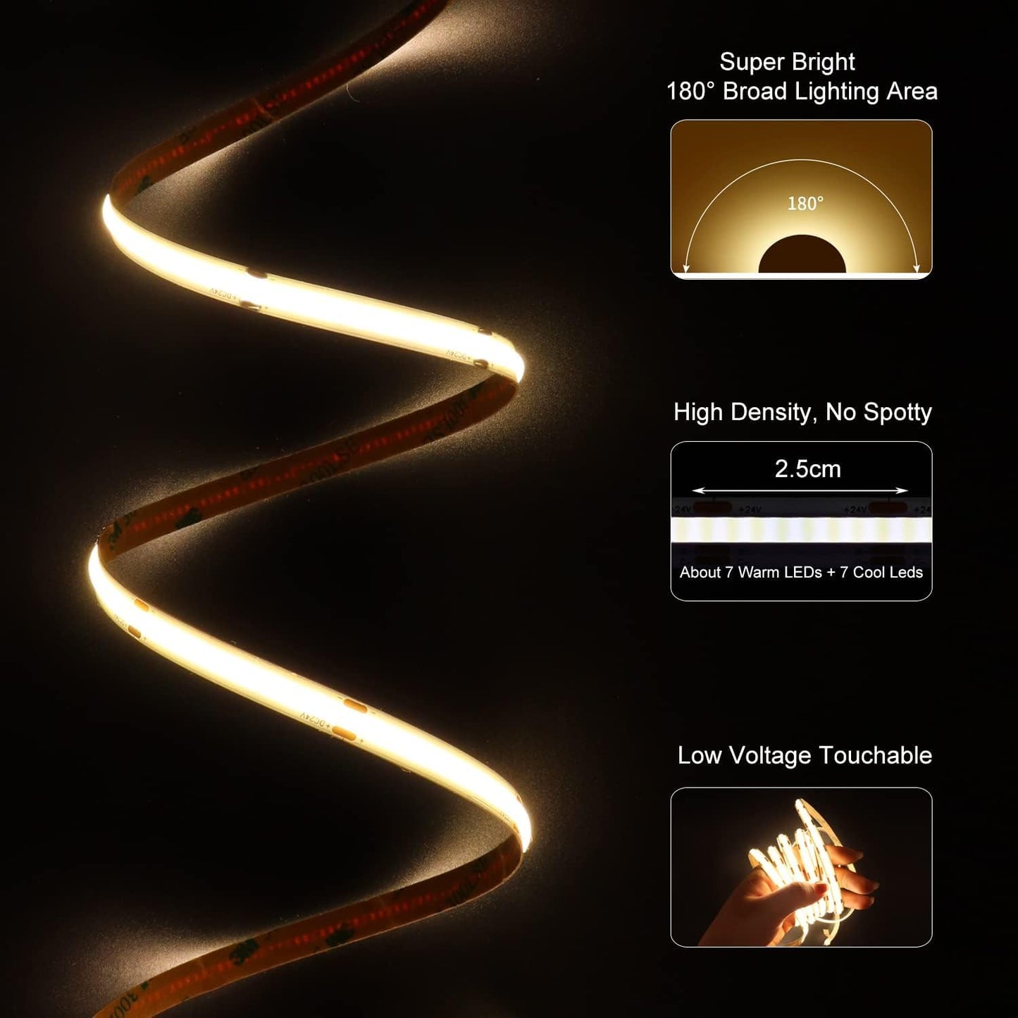 20Ft Cob Led Strip Lights  Bluetooth Smart App Tunable 3000K~6500K White Daylight To Warm White Light Strip With Remote Dimmable For Bedroom Kitchen Home Lighting