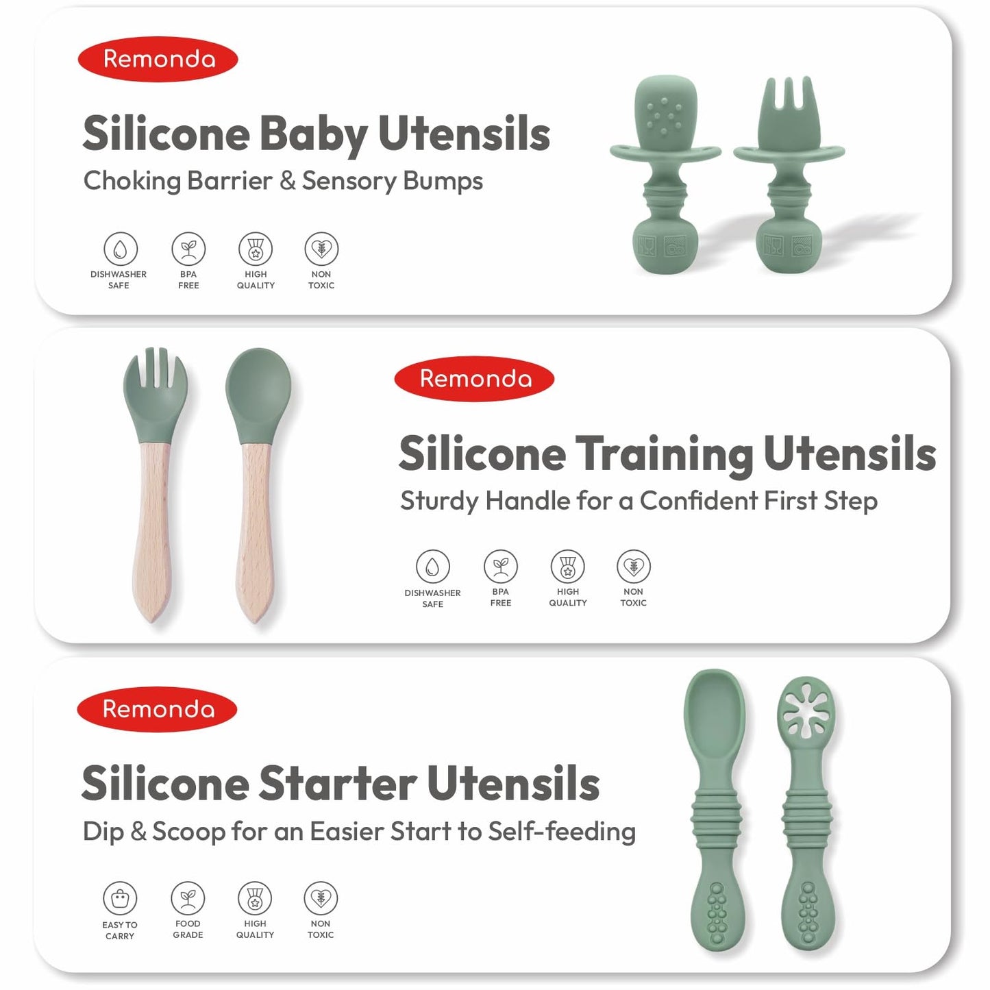 Remonda 23-Piece BPA-Free Silicone Baby Feeding Set | Extra Large Suction Plates, Toddler Bowls, Self Feeding Spoons, and More | Dishwasher Safe| Baby Led Weaning Supplies (Green)