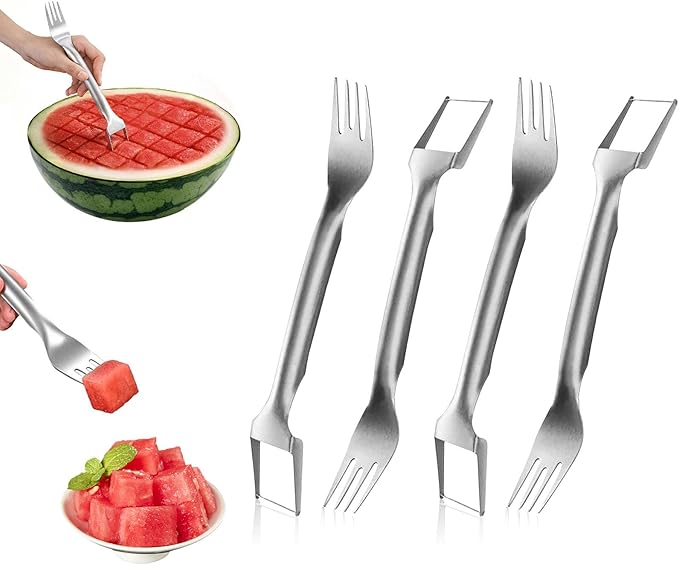 2-in-1 stainless steel fruit slicer,2025 new upgraded portable watermelon fork, fruit fork slicer suitable for home, party, camping and kitchen small tools (4pcs)