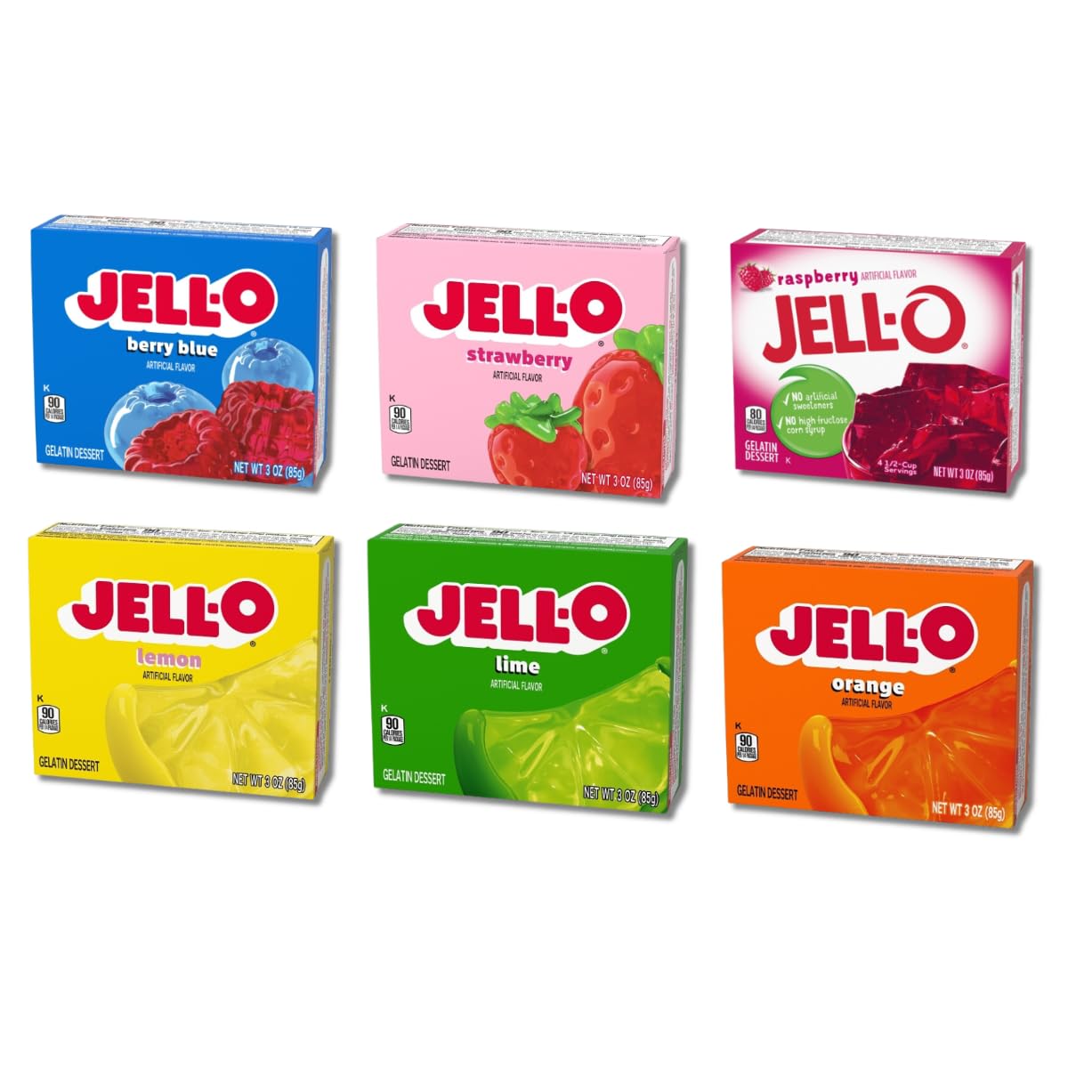 Gelatin Variety Pack, 6 Flavored Instant Jelly Dessert Mix, Blue Berry, Strawberry, Raspberry, Lemon, Orange and Lime (3oz/Pack