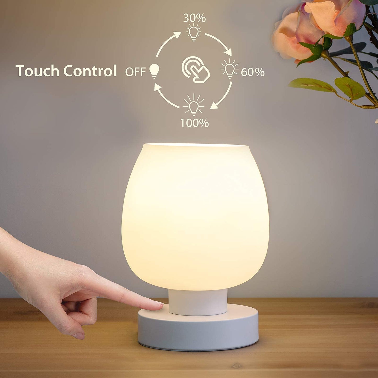 ONEWISH Touch Bedside Table Lamp - Modern Small Glass Lamp with White Opal Shade, Warm LED, 3-Way Dimmable, One Pack