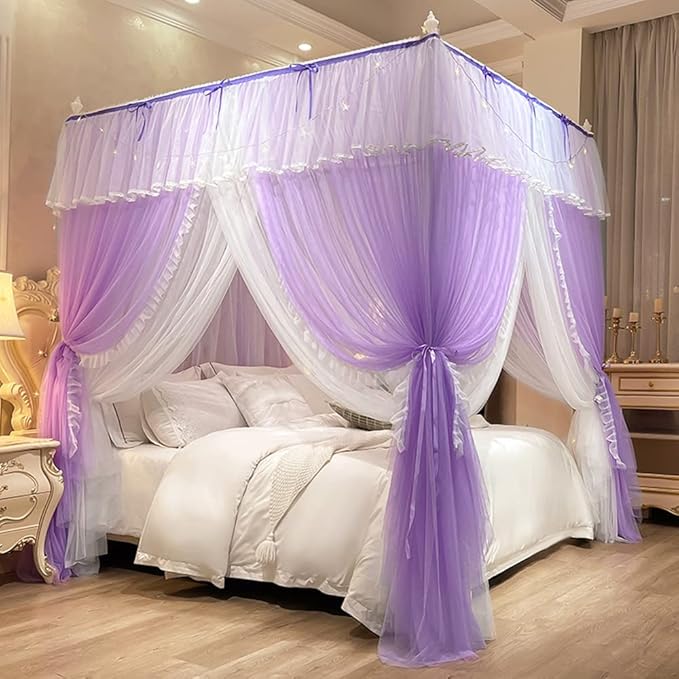 Mengersi Canopy Bed Curtains with Lights,4 Corner Bed Canopy Royal Luxurious Bed Drapes Netting,Princess Bed Curtains for Girls Adults Bedroom Decoration (Purple, King)