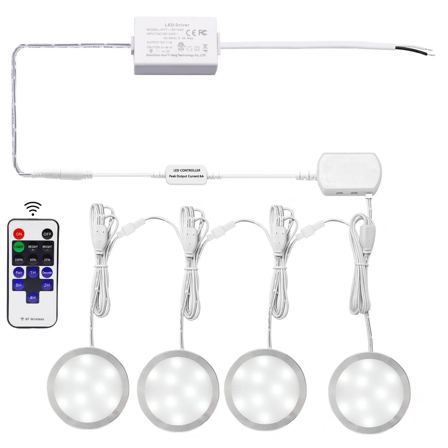 AIBOO LED Under Cabinet Lights, Hardwired 12V, Dimmable Puck Lights, 4 Pack, Daylight White, Slim Aluminum, Model: linkable-hardwired4x2
