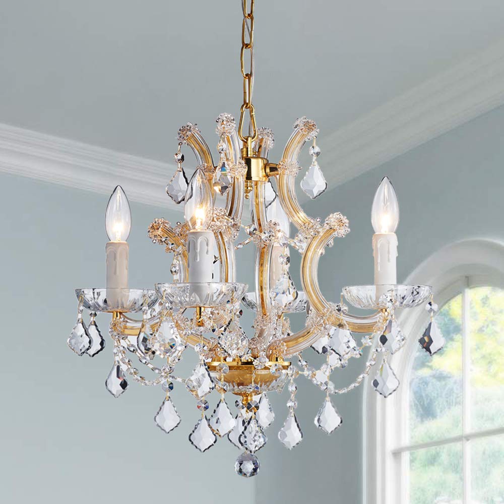 SM Saint Mossi 4-Light Crystal Chandelier, Gold, Adjustable Chain, H17 x W18, Model SM-DY-19086