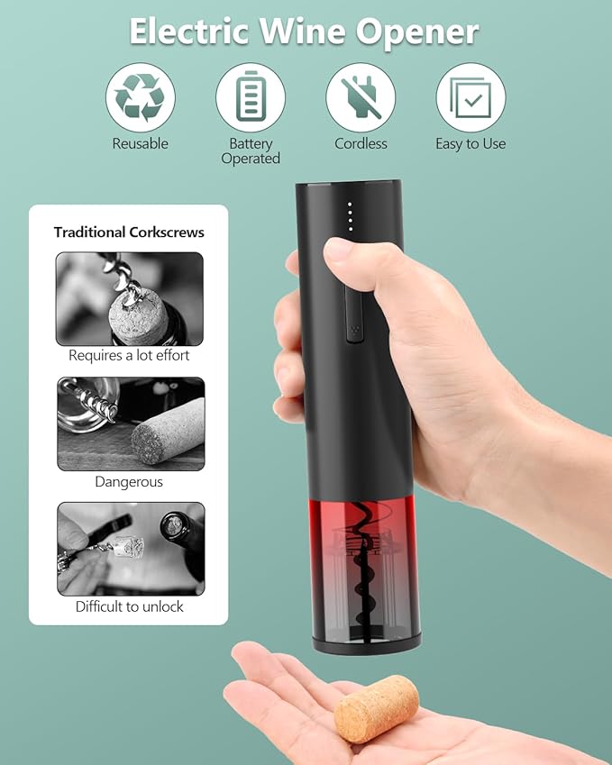 Electric Wine Opener Gift Set - Premium Wine Accessories with Wine Aerator, Vacuum Stopper, Foil Cutter and Gift Box - Ideal Christmas Gift for Wine Lovers and Special Celebrations
