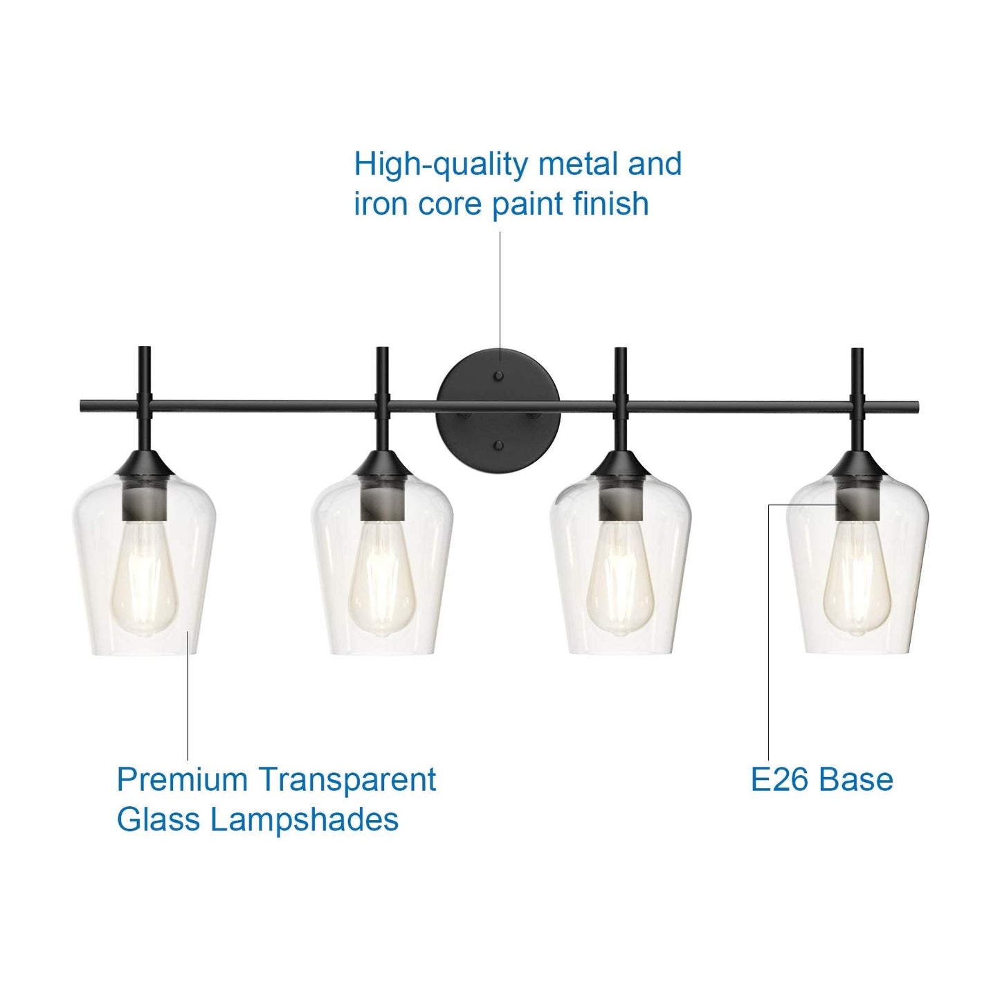 Ralbay 4-Light Vintage Bathroom Vanity Lighting, Industrial Matte Black Finish, Clear Glass Sconce, Model 2031, Farmhouse Style