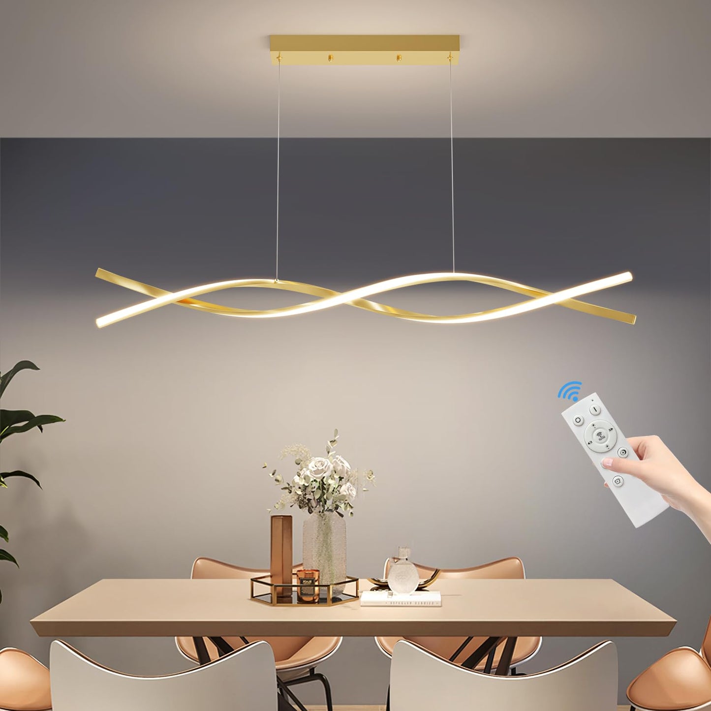 Mikeru Modern LED Pendant Light, 39in Aluminum Chandelier, Remote Control, 3000K-6500K, D-Gold, Model BL100JS