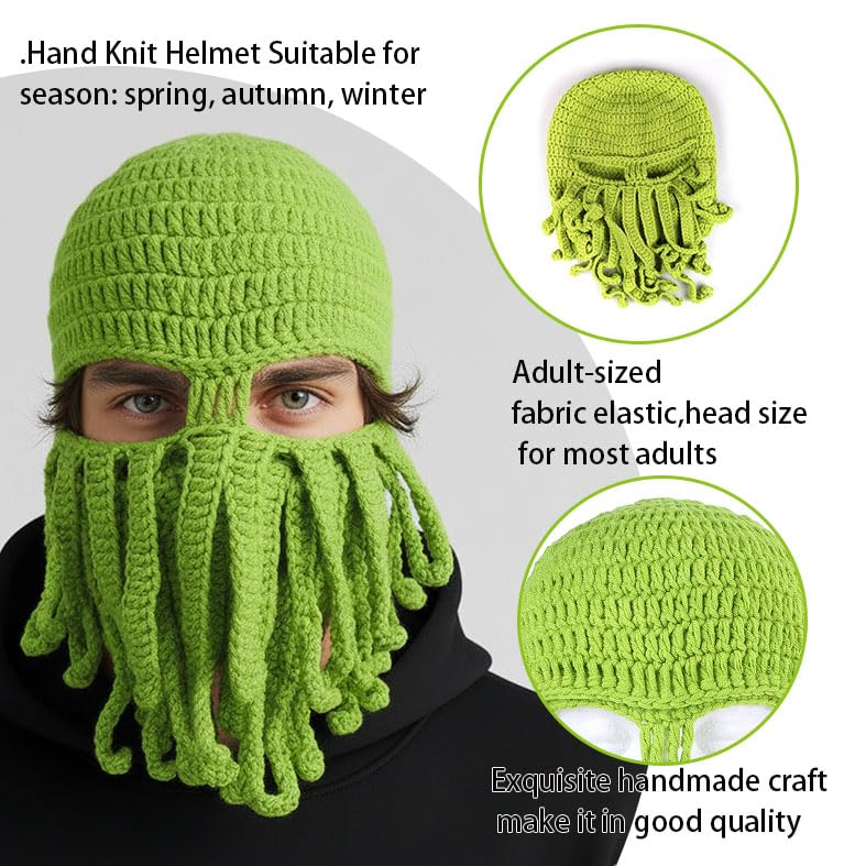 Knitted Octopus Balaclava Beanie, Green Hand-Crafted Winter Hat with Tentacles, Adult Size, for Hiking, Cycling, Outdoor A...