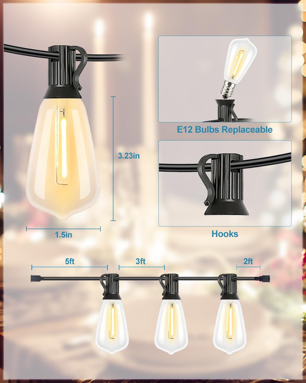 Lightdot LED Bistro String Lights, 400FT, Shatterproof Vintage Bulbs, Dimmable, Waterproof, Black, Model LSTM-G40-H