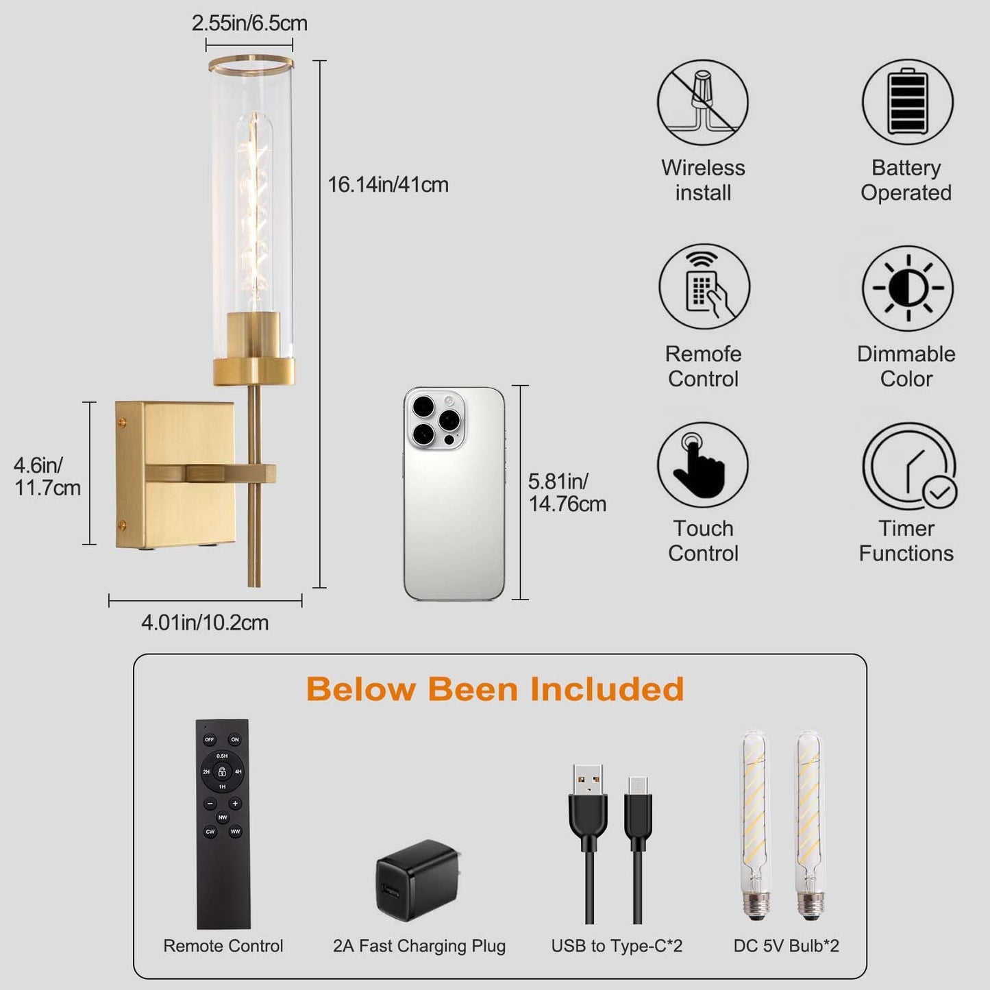 Loiogohot Gold Battery Operated Wall Sconce, Dimmable Touch, 2 Color Temperature, 8000mAh, Model WL-BN2426-GD-ME-Two