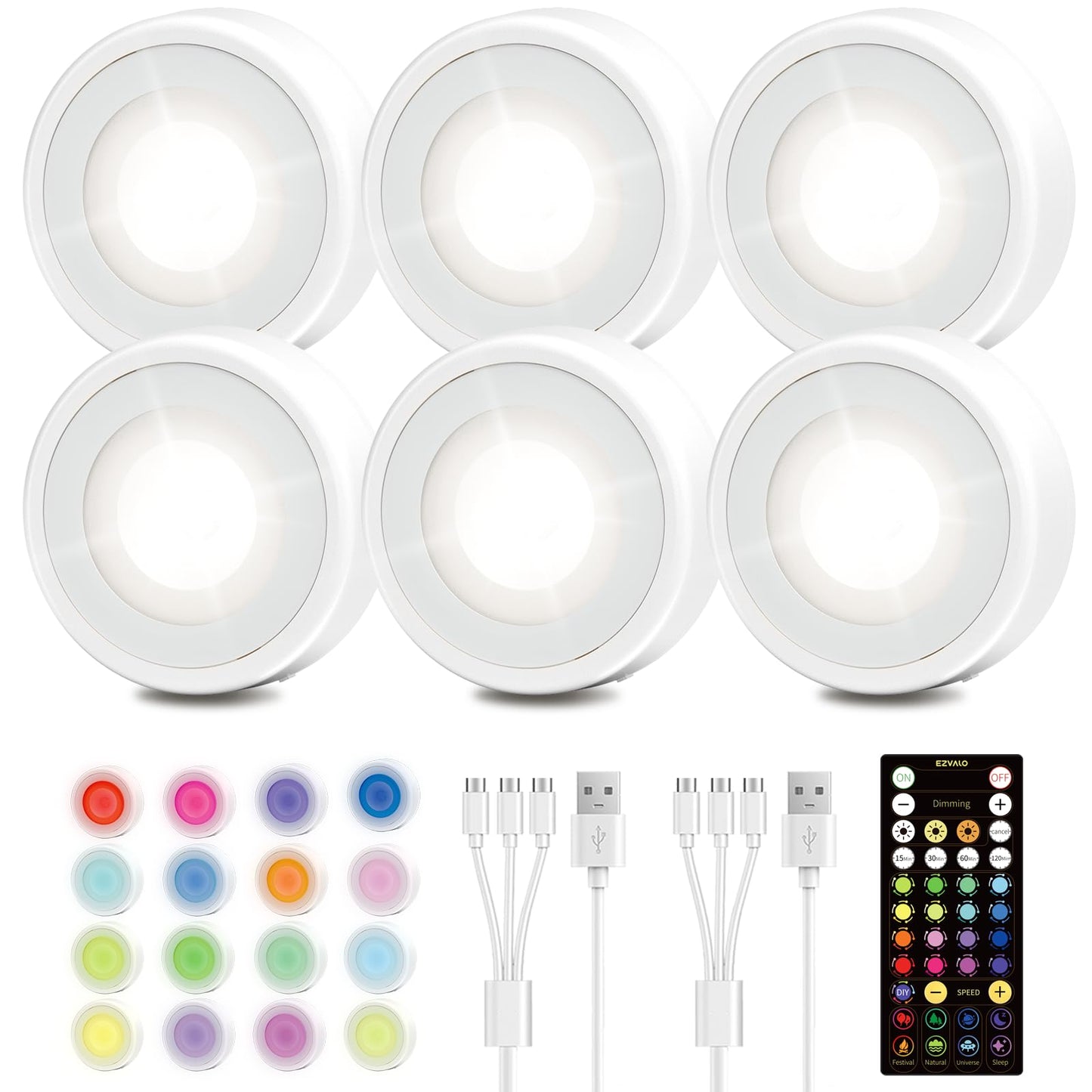 EZVALO LED Puck Lights, 6Pack Rechargeable Battery Touch Light, 2.5'' Mini Tap Lights, Wireless Closet Light, Under Cabinet Lighting, 3 Color & 16 RGB, Sitck On Lights for Kitchen,Pantry,Shelves