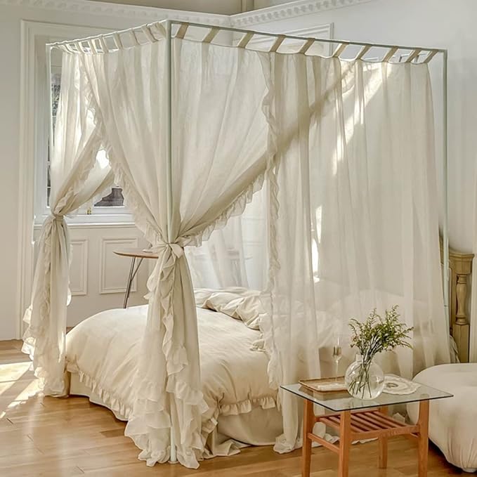 Mengersi Linen Canopy Bed Curtains,Bed Canopy Curtains Bed Drapes Sheer Curtains for Bedroom Decor (Ivory, California King)