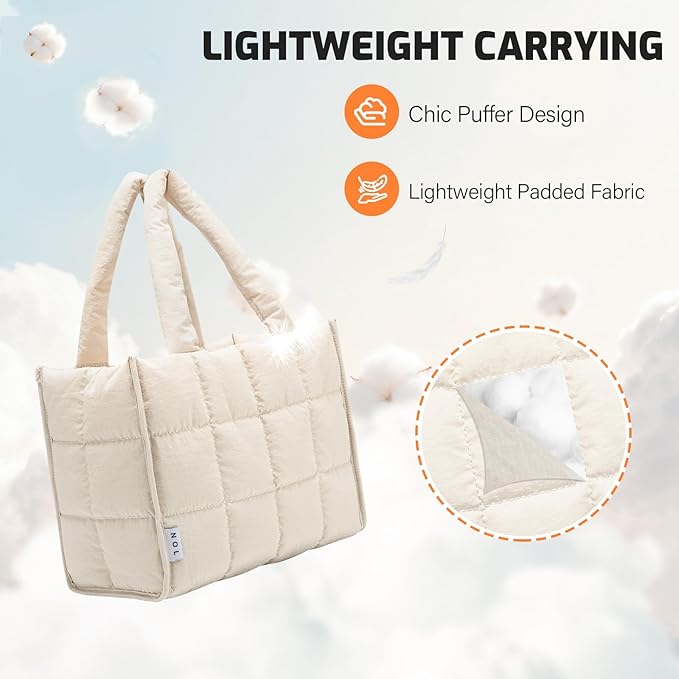NOL Natural Organic Lifestyle Women's Nylon Lunch Cooler Quilted Tote Bag Puffy Insulated Lunch Bag for Women, Lightweight Waterproof Lunch Box for Work, Picnic, Outdoors, Cream
