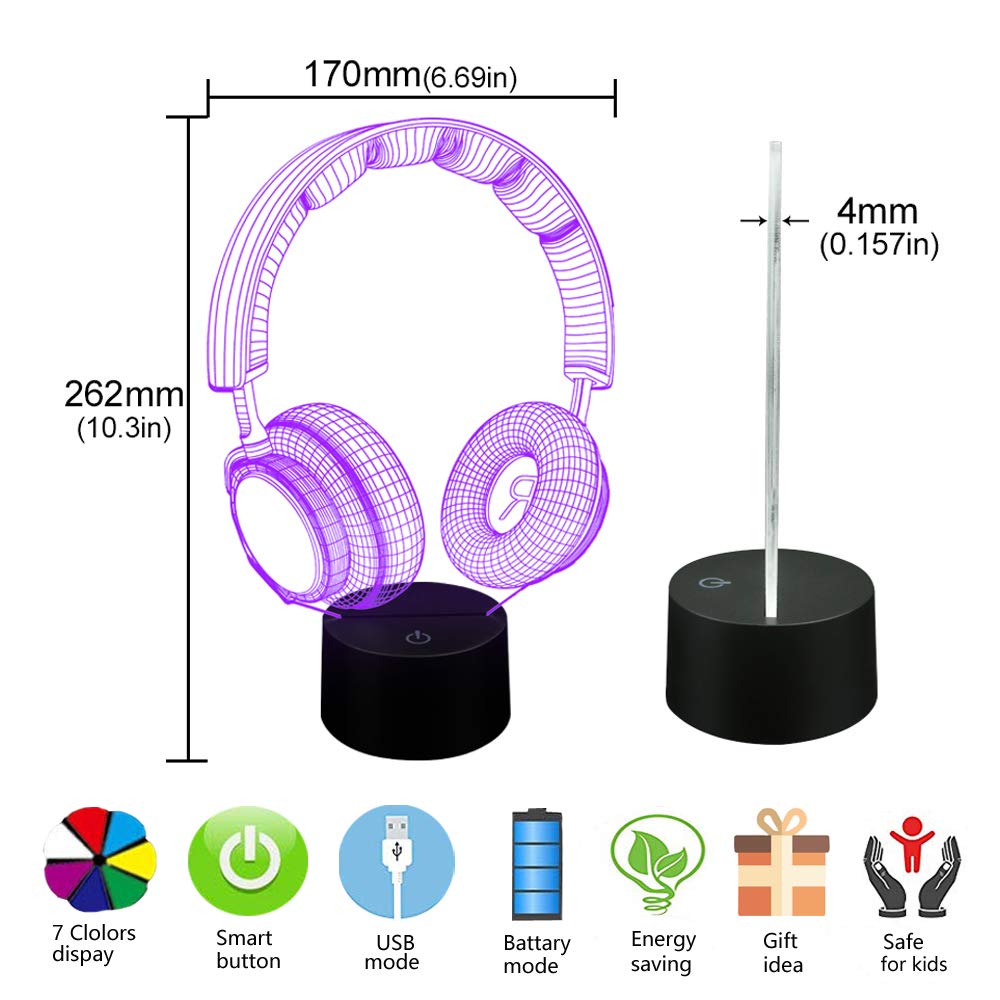 AZIMOM 3D Illusion Lamp - Multicolor Night Light with Smart Touch Sensor & Remote Control, Headset Size, Model 1