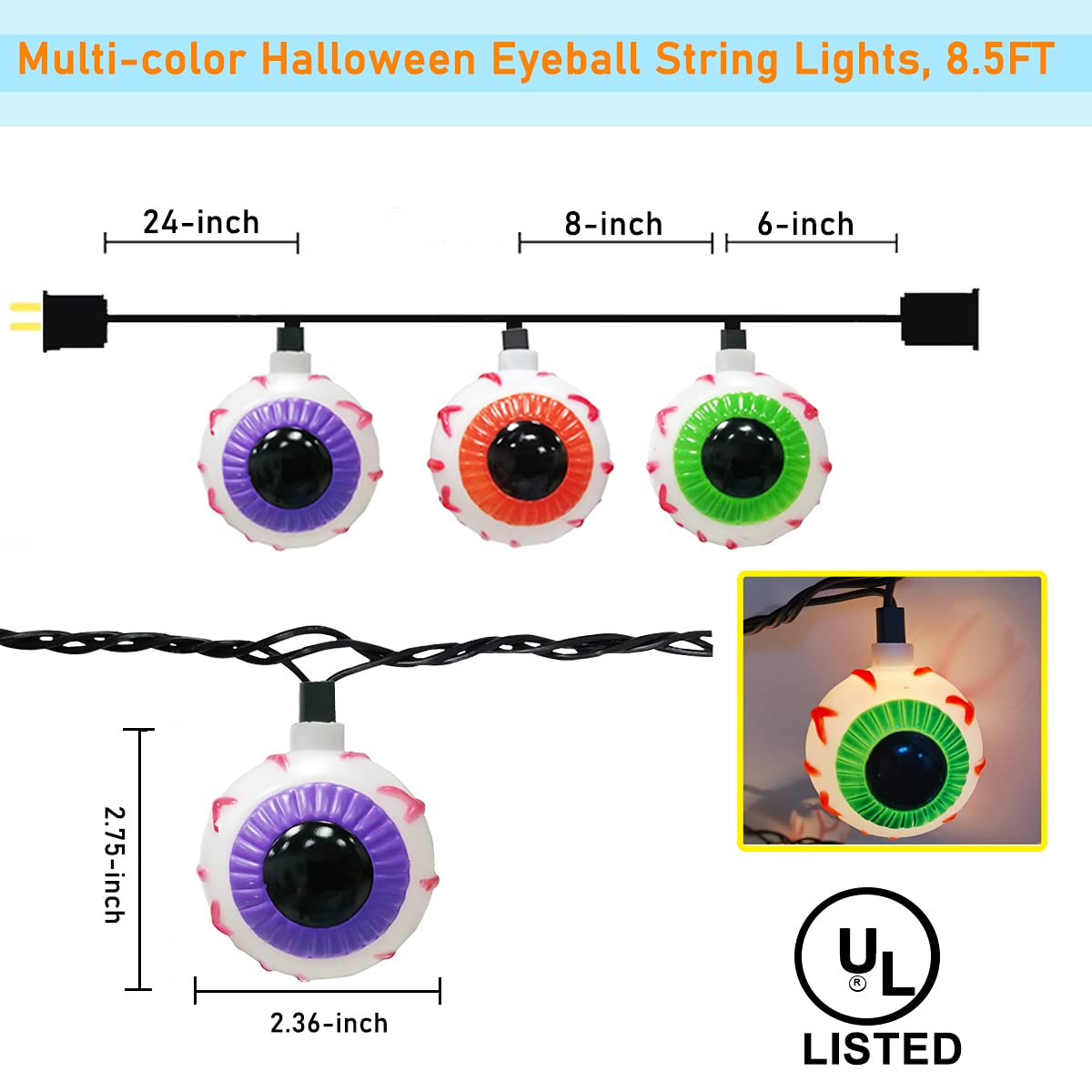 Abeja Halloween Eyeball String Lights, 8.5Ft Waterproof, 10 Bulbs, Indoor/Outdoor Use, Black