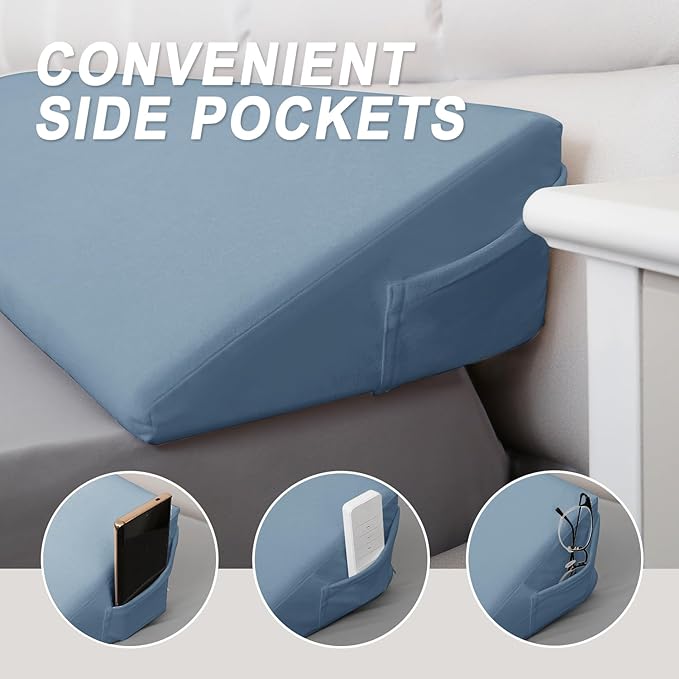 WdFour Bed Wedge pillow, close off Headboard, wall and Mattress Gap. incline, slanted sweat-proof pillow for neck and back pain relief anti-snoring for comfortable sleeping.(Smoky blue,39Wx10Dx6H)