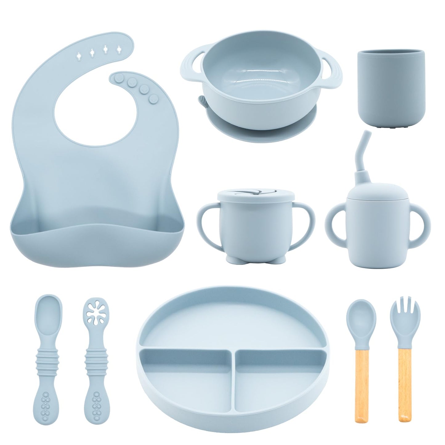 CHCC Silicone Baby Feeding Set 10 Pcs, Baby Led Weaning Supplies, Baby Feeding Supplies Set BPA Free, Baby Essentials for Newborn Gift Blue