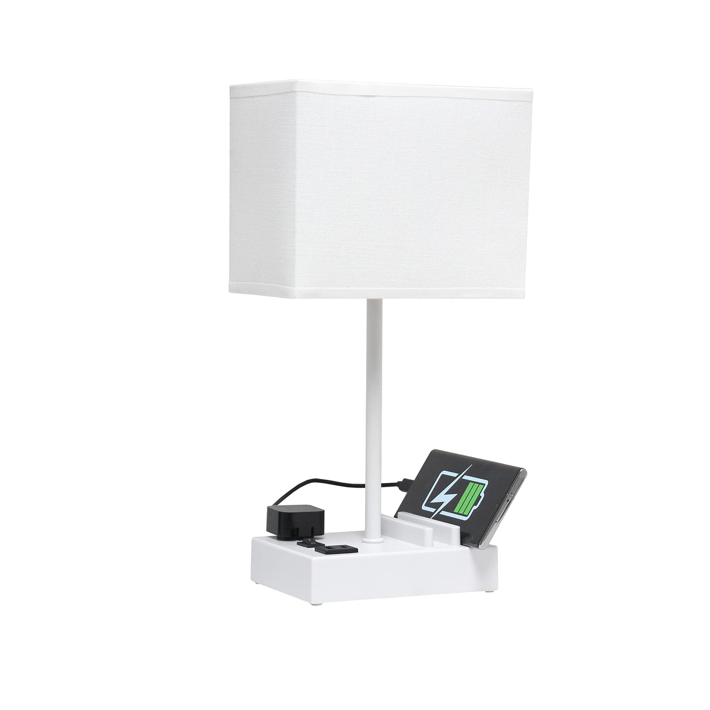 Simple Designs LT1110-WOW Bedside Table Desk Lamp with 2 USB Ports, 15.3in Tall, White Fabric Shade, White Base, Plastic