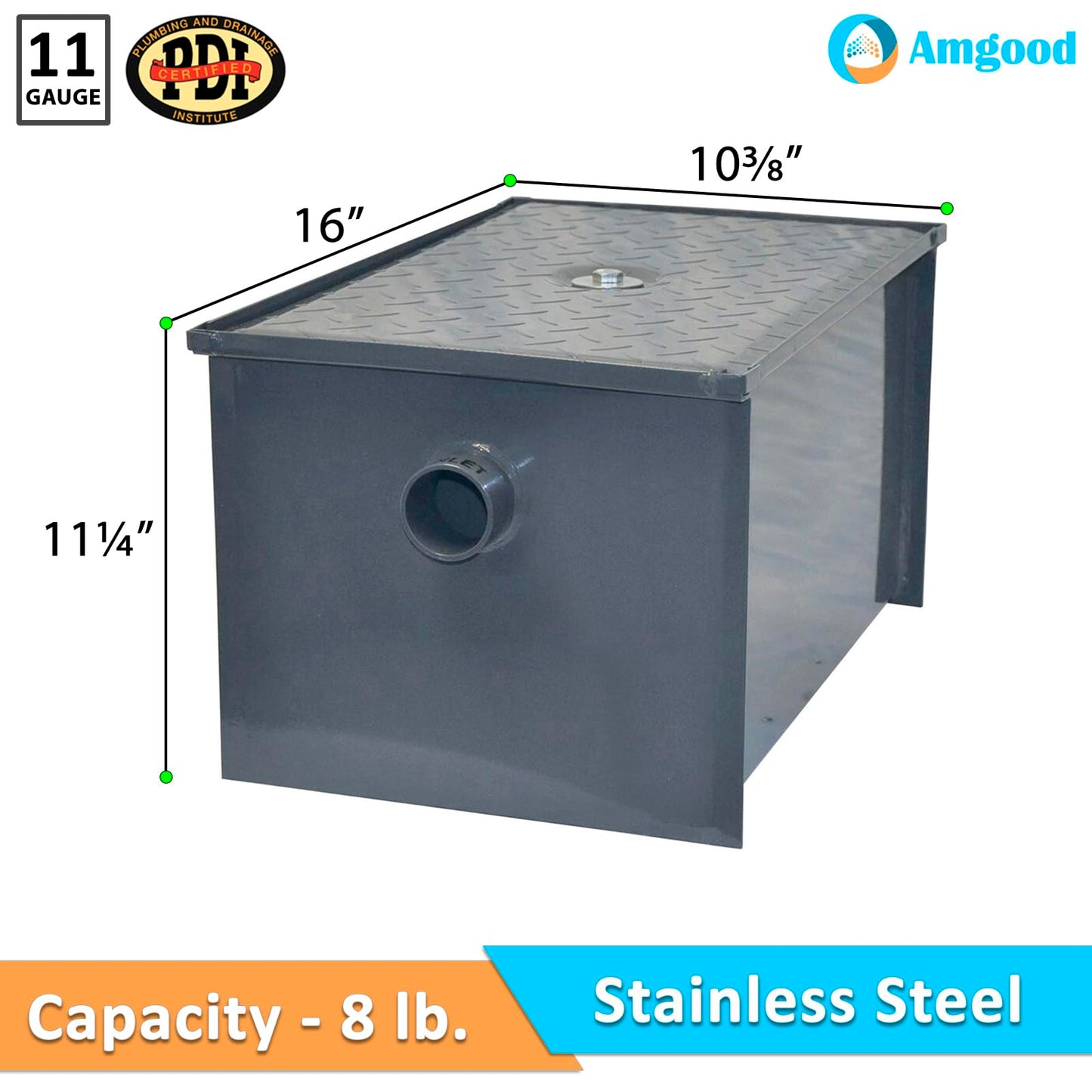 8 LB Carbon Steel Grease Trap Interceptor for Restaurant Under Sink Kitchen | PDI Certified | 4 GPM