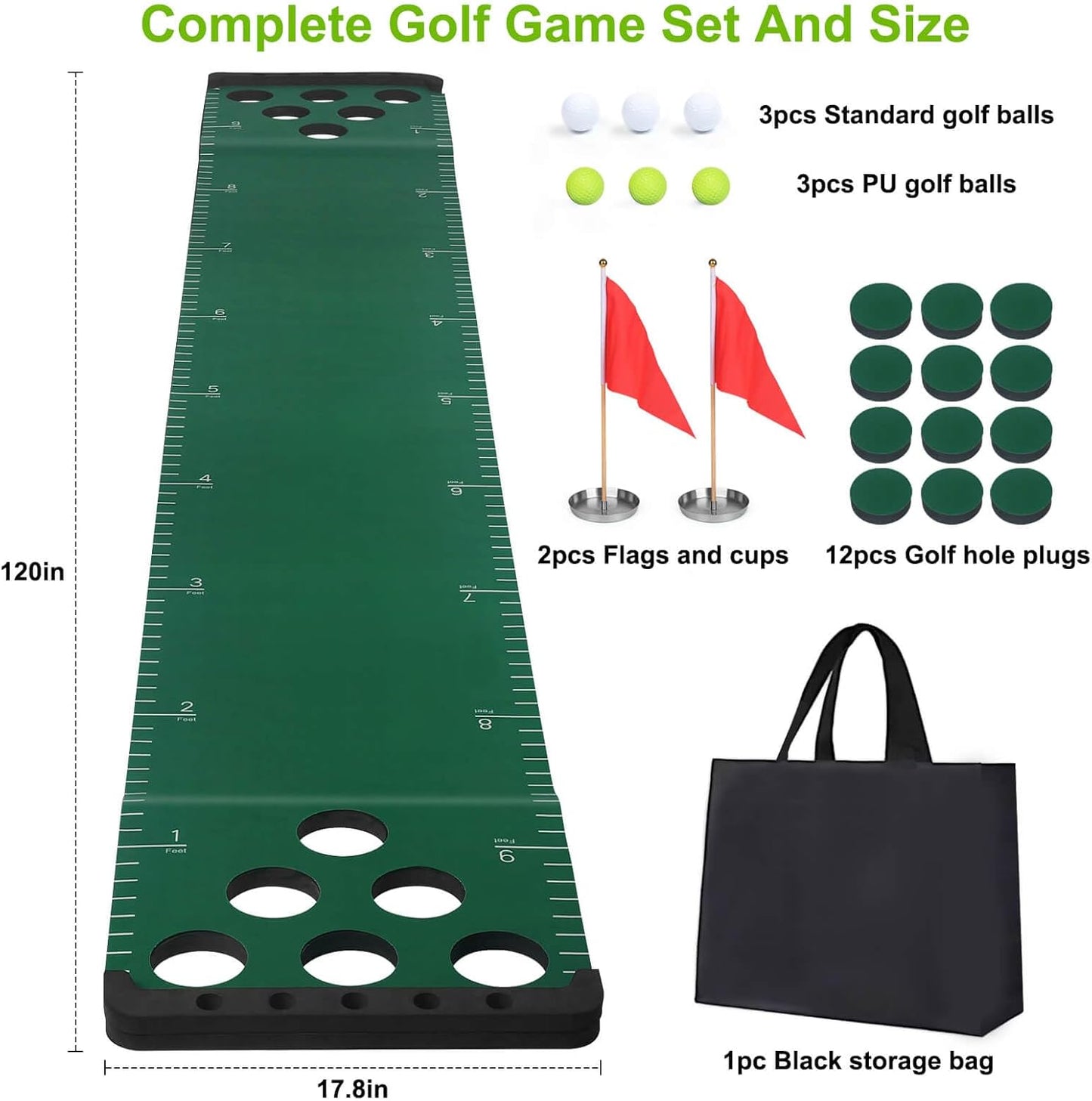 Golf Putting Game Set, Putting Green Pong Game Mat Include 6 Balls, 1 Portable Bag, 2 Flags & Cups for Indoor Outdoor Backyard Party Use
