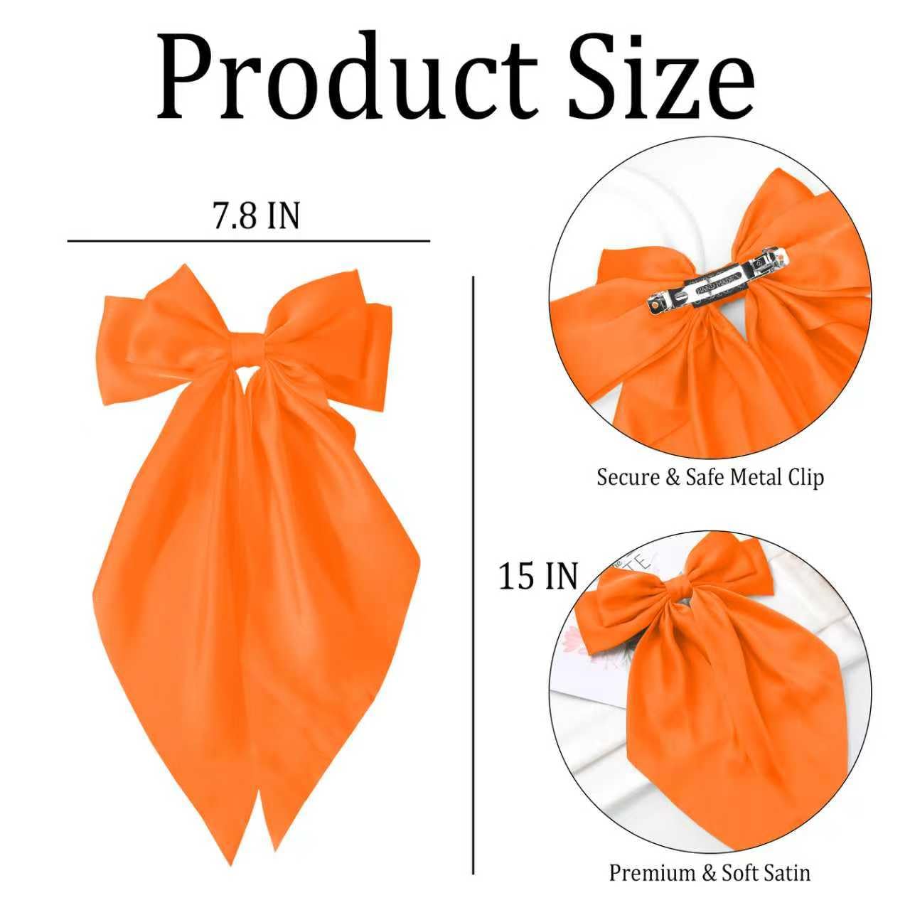 Hair Bows for Women Girls - Silky Satin Bow Hair Clip with Long Tail Ribbons - Aesthetic Halloween Hair Accessories (Bright Oran